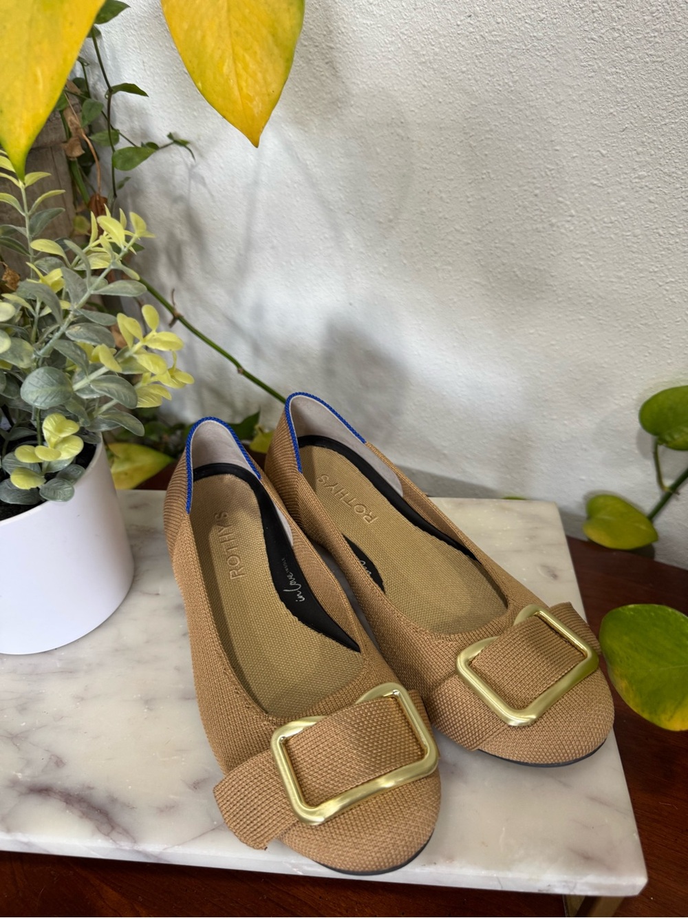 Rothy's Tan Ballet Flats with Gold Buckle Accent